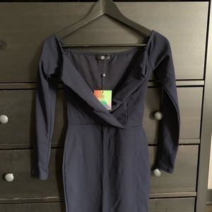 navy bardot foldover wrap dress